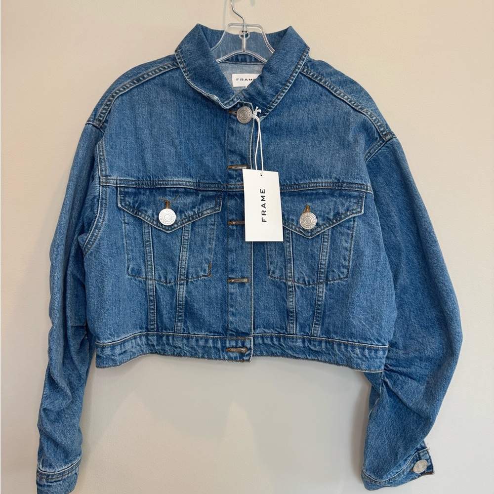 NWT Frame Women's Blue Denim Cropped Jacket with Ruched-Sleeves, Size S